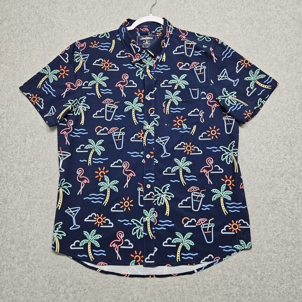 Chubbies Shirt Mens L‎ Neon Palm Tree Flamingo Hawaiian Button Down Casual Adult